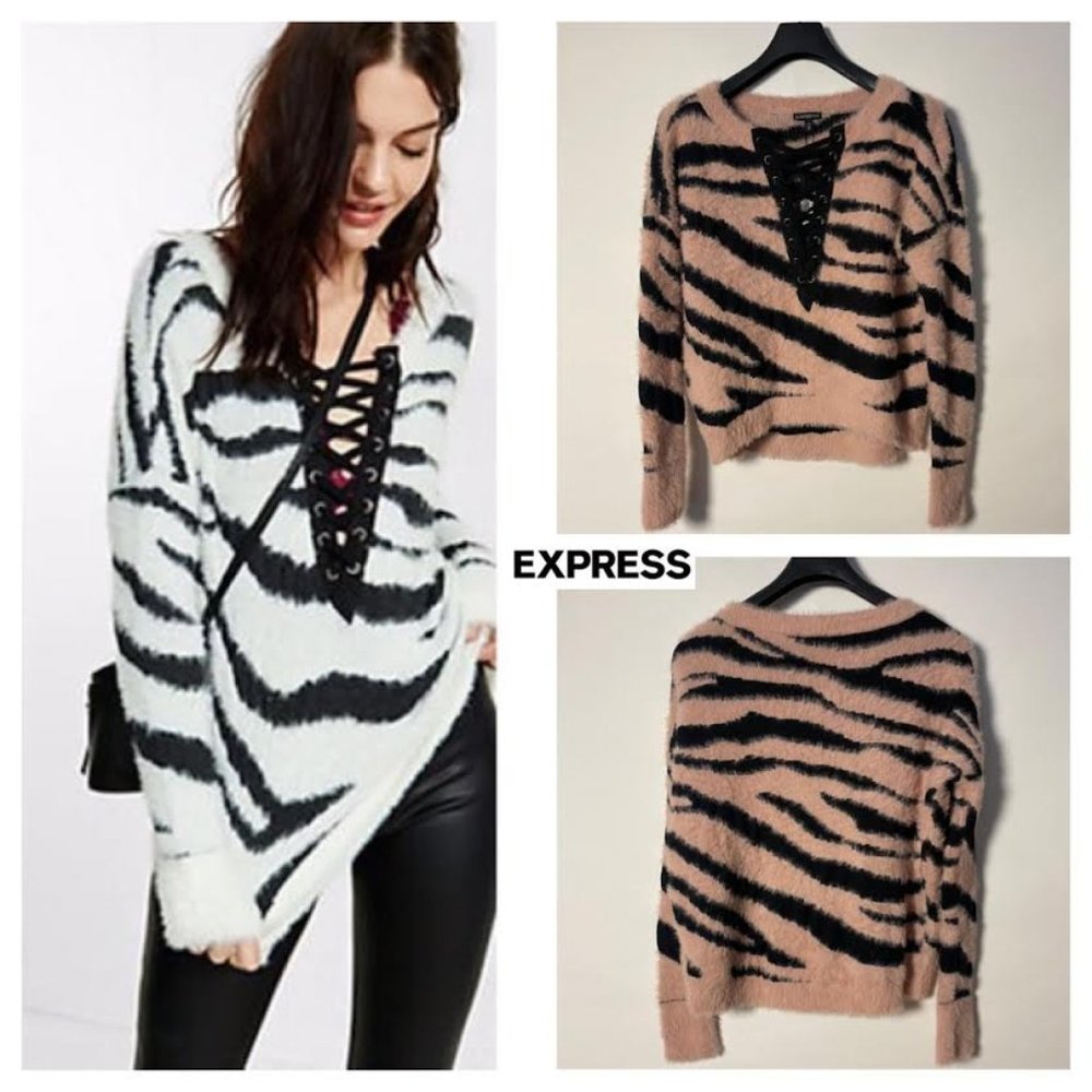 NWT $70 EXPRESS Women XS Zebra Print Hi Lo Lace Up Sweater Top Fuzzy Oversized